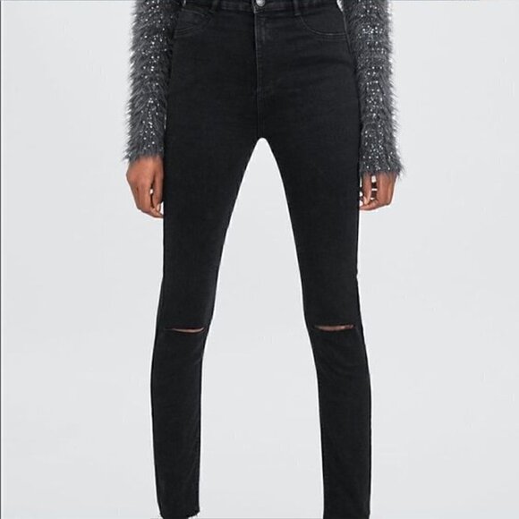 Zara the high waist skinny jeans black distressed knees size 0 - Picture 1 of 5